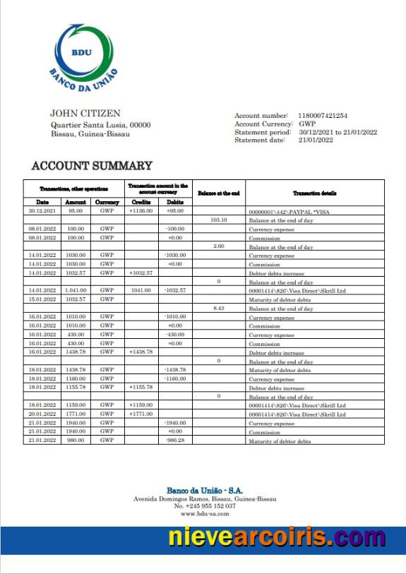Guinea-Bissau Banco da Uniao bank statement